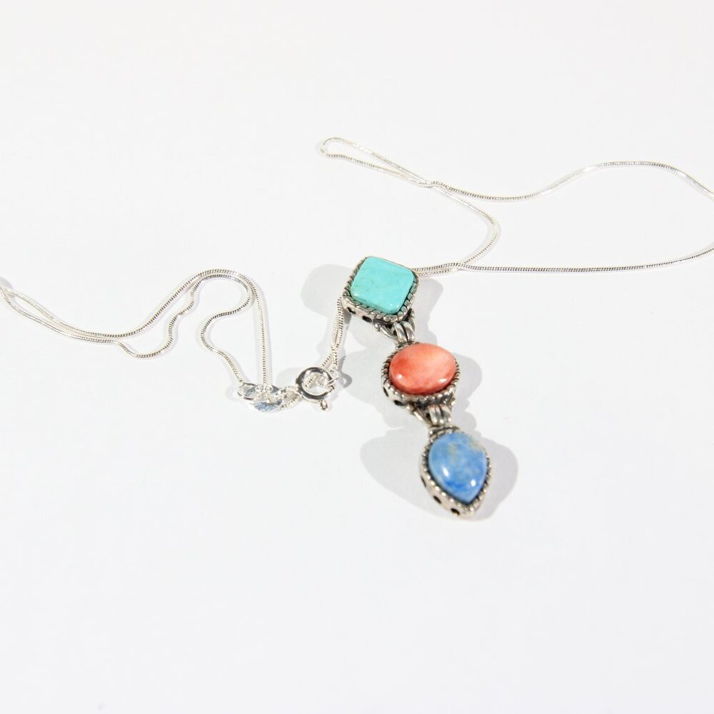 VTG Sterling Silver Turquoise, Lapis & Coral Pendant & Sterling Silver Necklace - Picture 4 of 9